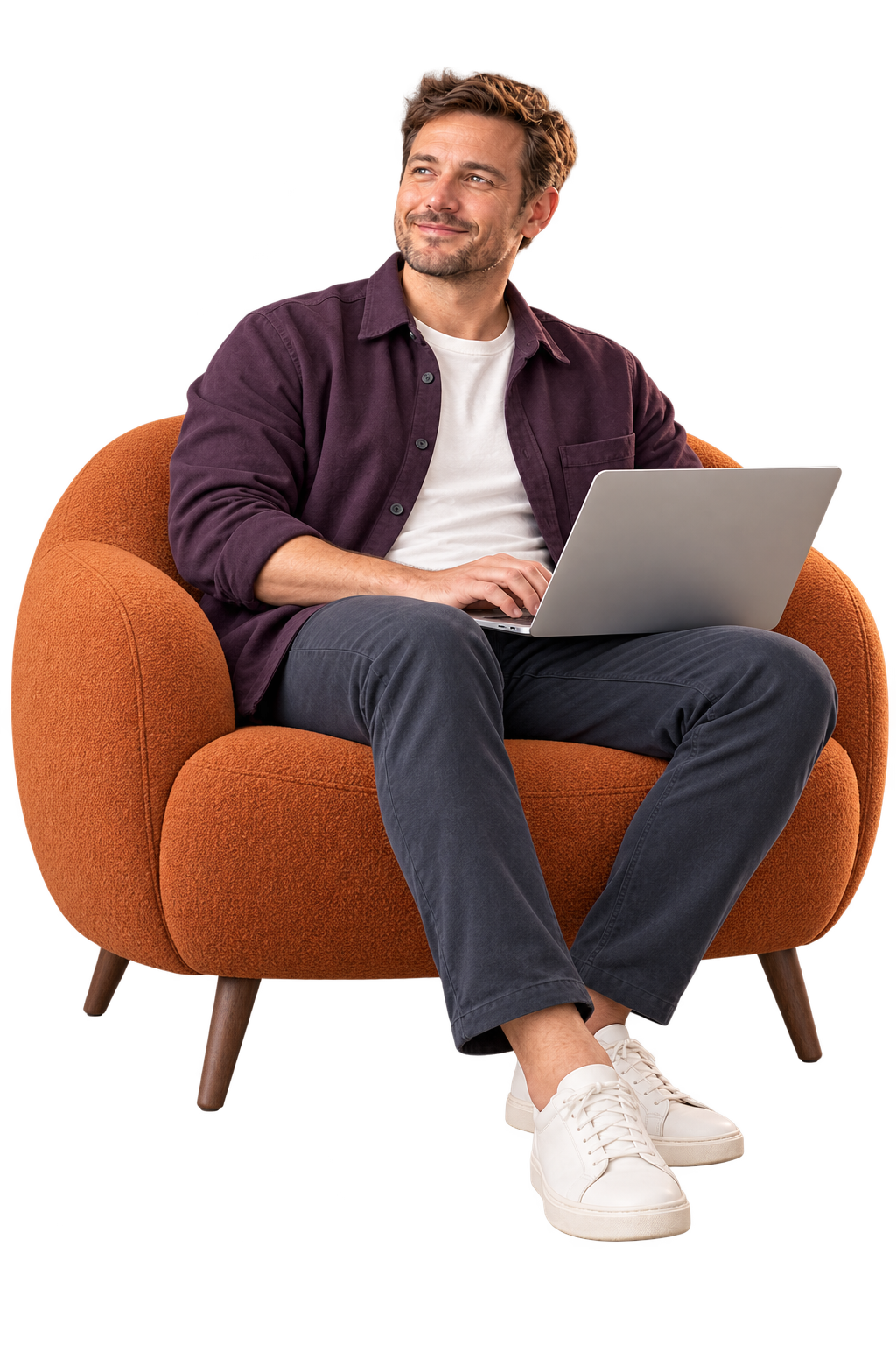 Illustrative founder relaxing in an orange armchair with a laptop